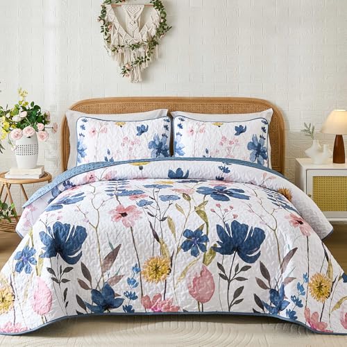 "Anibedding Dark Blue Quilt Set King, Floral Bedspread Soft Microfiber Lightweight King Size Quilt Bedding Sets Flower Coverlet for All Season(King, 104""x90"")"