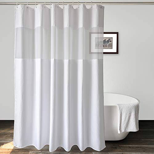 UFRIDAY Waffle Weave Fabric Shower Curtain with Mesh Window, White Shower Curtain 72x78 inch,Heavy Duty Decorative Bathroom Curtain with White Pique Pattern, Spa-Like Hotel Luxury, Water-Repellent