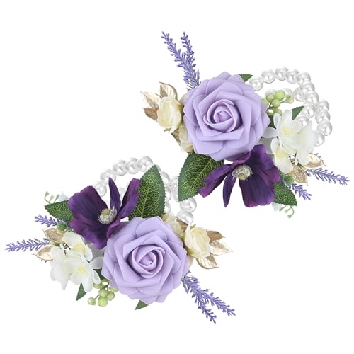 Rinlong 2Pcs Purple Wrist Corsage Artificial Flower Corsage for Wedding Homecoming Prom Bracelet Wrist Flowers Bride Bridesmaid Flower Accessories