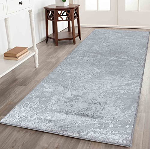 Serdim Rugs Serenity Modern Abstract Water Flow Grunge Textured Contemporary Runner Area Rugs, Grey, 60 x 220cm