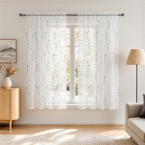 "Taisier Home White Sheer Curtains Floral Embroidered for Girls Room Blue Rose Buds Retro Voile Curtain Panels for Living Room Rod Pocket 2 Panels 52"" W x 84"" L, Sheer Curtains with Blue Flower Pattern"