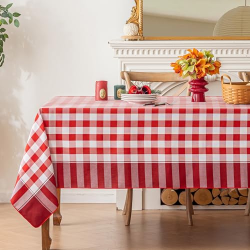 "Midsummer Breeze Checkered Tablecloth-Cotton Gingham Table Cloth-Rustic Farmhouse Tablecloths for Thanksgiving, Christmas, Kitchen Dining(Rectangle, 60""x104"", Red)"