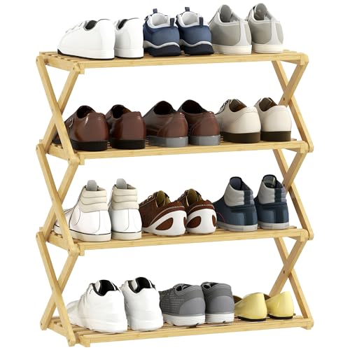 HOMCOM 4-Tier Bamboo Shoe Rack, Folding Shoe Shelf, No Assembly, Portable Storage Organiser for Entryway, Hallway, Living Room, Small Space, Holds up to 12 Pairs, Natural