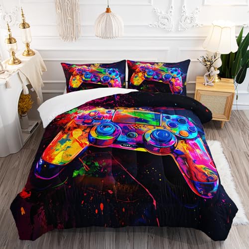 XYNHML Graffiti Gamer Console Comforter 3Pcs Queen Games Contoller Bedding Video Game Gamepad Comforter Set for Kids Teens Boys Girls Adults Tie-dye Quilt Bed Decor with 1 Comforter and 2 Pillowcases