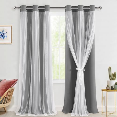 Hiasan Overlay Blackout Curtains 96 inches Long Thermal Insulated Double Layer Blackout Curtains with Tiebacks for Living Room Bedroom, Silver Grey, 42W X 96L,Set of 2