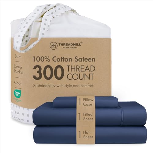 Threadmill Cotton Twin XL Sheet Set - 100% Cotton Sheets for Twin XL Size Bed - Solid Sateen Twin XL Bed Sheets Set with 16??? Deep Pocket - Soft Breathable 3-Piece Cooling Sheet Set - Folkstone Blue