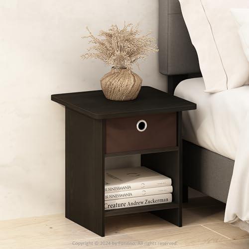 Furinno TIDUR Night Stand, Square Round Corner Nightstand with Storage Bin, Bedside Table, End Table, Side Table with Storage Shelf, for Bedroom, Living Room, Espresso