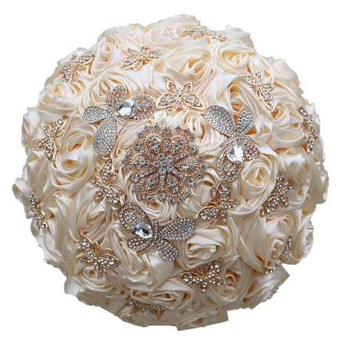 "Mhojpik Handmade Wedding Flowers Bouquet Round Holding Bridal Bouquet Toss Artificial Rose Bunch for Bride Bridesmaid Wedding Quinceanera (Cream, 8.7"")"