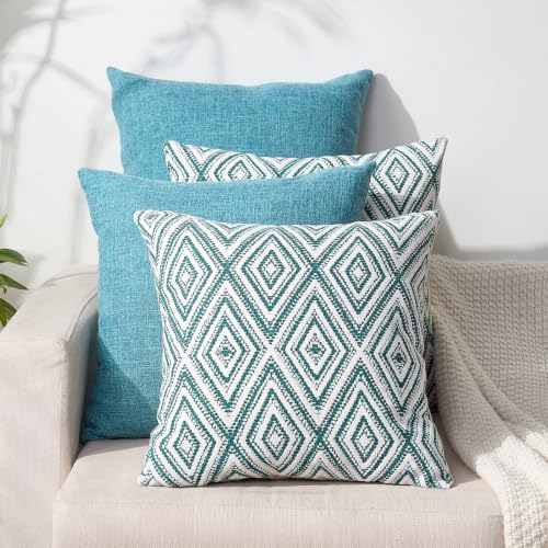 "HPUK Decorative Throw Pillow Covers Set of 4 Geometric Design Linen Cushion Cover for Couch Sofa Living Room, 18""x18"" inches, Aqua Blue"