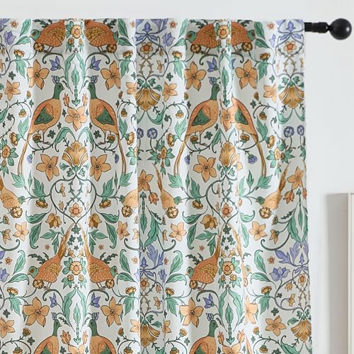 HLC.ME Florence Floral & Birds Patterned Window Back Tab Rod Pocket Print Curtains Bedroom - Light Blocking Darkening Window Panels, Set of 2 (Buttermere Yellow Gold, 52 W x 108 L)