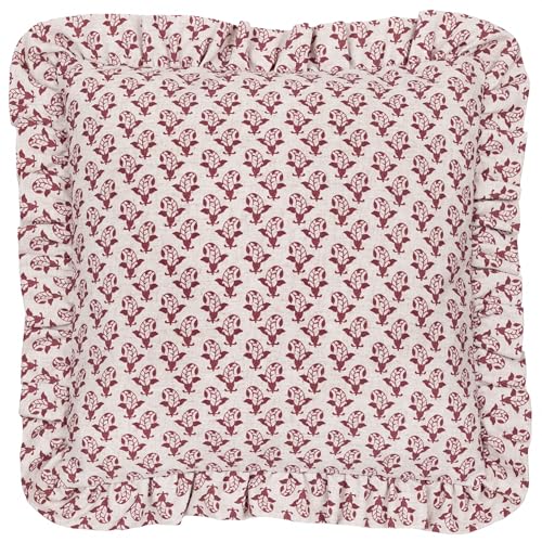 furn. Lulah Block Printed Ruffle Polyester Filled Cushion - Linen/Red - 45x45cm