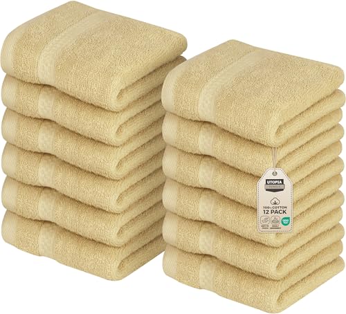 Utopia Towels - Premium Towel Set (30 x 30 cm, Beige) 100% Cotton for Face, Highly Absorbent and Soft Touch Fingertip Towels (Pack of 12)