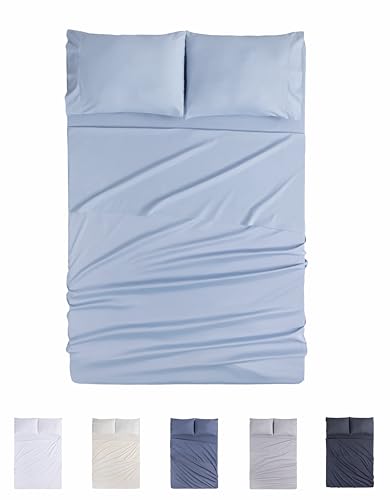 Todocama 4-Piece Bedding Set – 4002 – Fitted Sheet – Top Sheet – Two Pillowcases 50 x 80 cm (Bed 90 x 190/200 cm, Light Blue)