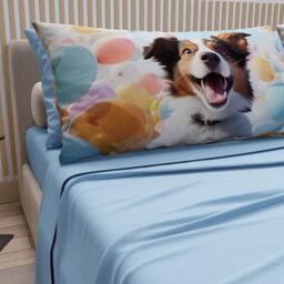 PETTI Artigiani Italiani - Animal Bed Linen with Dogs in Cotton with Pillowcases in Digital Print, Double Bed Sheet, Light Blue, 100% Made in Italy