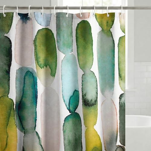 Americanflat 71x74 Oval Pattern Shower Curtain - Water-Resistant Long Shower Curtain with Metal Grommets and 12 Hooks - 100% Polyester - Olive Green, Teal, Yellow, Blush Pink, Plum and Burnt Orange