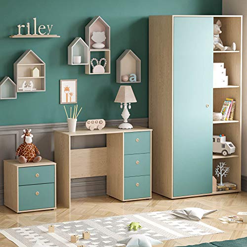 Junior Vida Neptune 3 Piece Bedroom Furniture Set 2 Drawer Bedside Table Cabinet, 3 Drawer Desk, 1 Door Wardrobe (Blue & Oak)