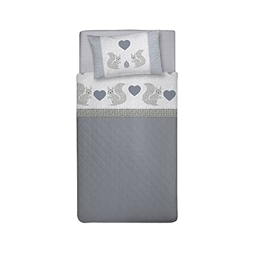 PENSIERI DELICATI Single Bed Set, Flannel 100% Cotton Warm and Soft, Bedding Set 90 x 200 cm, Includes Fitted Sheet, Top and 1 Pillowcase, Made in Italy, Grey Squirrel Pattern