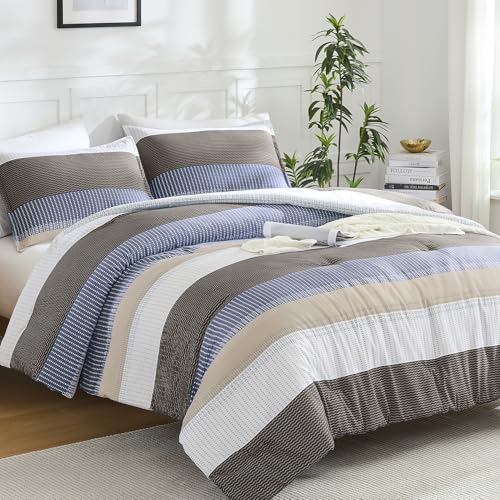 Litanika Full Comforter Set - 3 Pieces Stripe Bedding Comforter Sets - Blue Brown Boys Men Fluffy Lightweight Soft Colorblock Down Alternative All Season Bed Set
