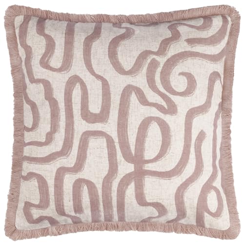 furn. Hoem Lina Abstract Printed Cushion with Polyester Pad – Reversible Fringed Trim Zip Closure (Soft Pink – 45 x 45 cm)