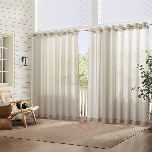 Elrene Home Fashions Carmen Sheer Extra-Wide Weatherproof Indoor/Outdoor Grommet Top Curtain Panel with Coordinating Tieback for Porch, Pergola, Patio, Deck, 114”W x 95”L, Natural
