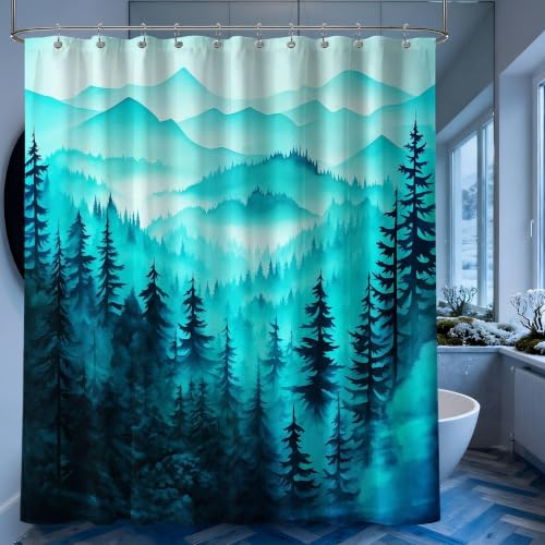 QGHOT Dark Teal Forest Shower Curtain Teal Blue Turquoise Shower Curtains for Bathroom, Waterproof Polyester Fabric with Hooks,60''W x 72''L