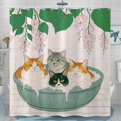 Kanuyee Adorable Cats Shower Curtain Set Cozy Plant Pot Design Waterproof Bathroom Shower Curtain Cute Feline Group Print Charming Home Decor 72x72 Inch
