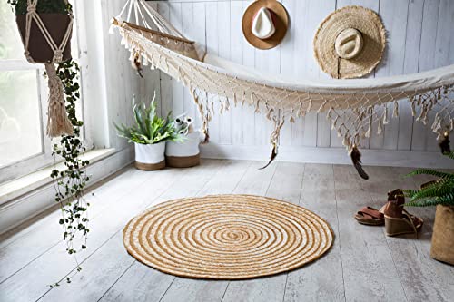 Barbara Becker Round Jute Cotton Rug, Ethnic Boho Style, Flat, Hand-Woven Natural Rug for Living Room, Bedroom, Colour: Natural, Size: 80 x 80 cm