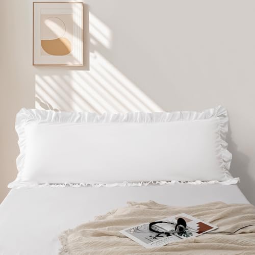 Sewdudely - Ruffled Pillow Cover White 20 x 54 inches 1 Piece - Microfiber, Envelope Closure, Ruffle Design, Cute Soft, Breathable, No Shrink