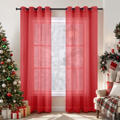 KOUFALL Red Curtains 96 Inches Long for Living Room Set of 2 Panels Grommet Window Voile Semi Transparent Red Sheer Curtains Drapes for Bedroom 52x96 Inch Length