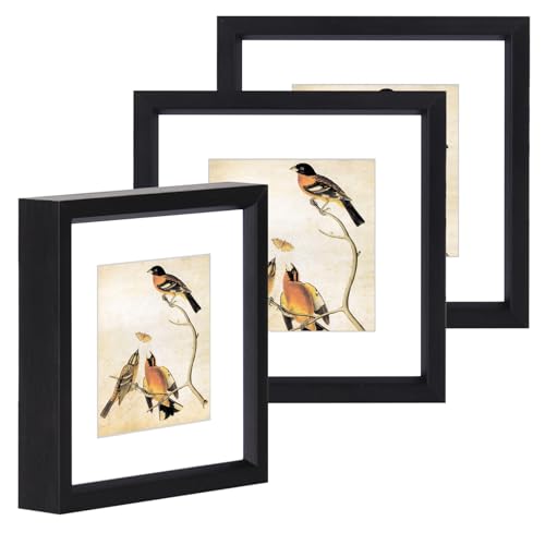 BKABOT 3x3 Black Square Picture Frame HD Glass 3Pack 2x2 Mat Wall Table - Brushed aluminum photo frame removable mat & metal hooks velvet backing easel for tabletop & wall mount