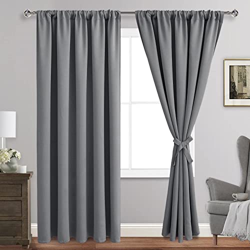 JIUZHEN Blackout Curtains for Bedroom - Thermal Insulated Room Darkening Rod Pocket Curtains for Living Room, Set of 2 Panels with Tiebacks, 70 x 96 Inch Length, Light Grey