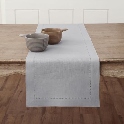 Solino Home Linen Soft Grey Table Runner 72 Inches Long - 100% Pure Linen Hemstitch Table Runner 14 x 72 Inch for Dresser, Dining, Summer - Classic Hemstitch