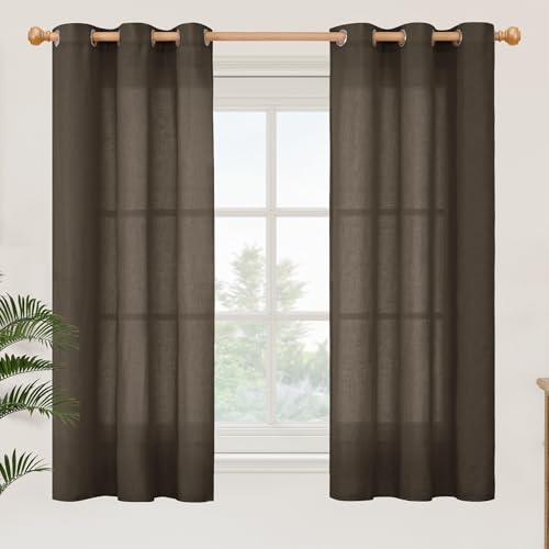 YoungsTex Brown Linen Semi Sheer Curtains 48 Inches Length, Light Filtering Small Window Drapes Privacy with Grommet for Living Room Bedroom, 2 Panels, 42 X 48 Inch