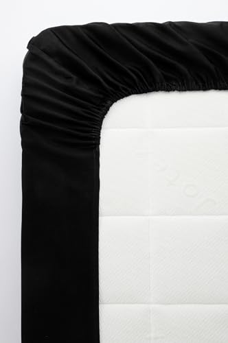 Jotex Zack Satin Fitted Sheet Exclusive Satin Made of Organic Cotton GOTS Certified Fitted Sheet with Elastic Band - Black, 180 x 200 cm