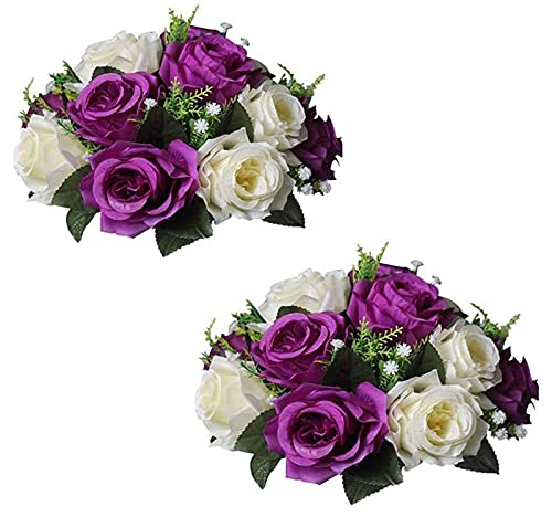 Sziqiqi Pack of 2 Fake Flower Bouquet, Plastic Roses with Base, Suit for Wedding/party Centerpiece Road Lead Flower Rack Decorations (Purple & White)