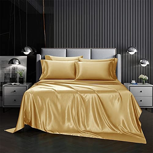 AiMay 4 Piece King Size Satin Bed Sheet Set Deep Pocket Solid Golden Color Luxury Silky Super Soft 1 Flat Sheet 1 Fitted Sheet 2 Envelope Style Pillowcases Reversible Honeymoon (Golden, King 4pc)