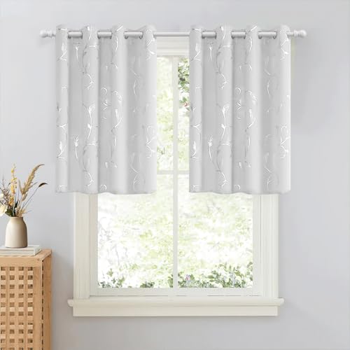 BUHUA Blackout Small Window Curtains for Kitchen and Bedroom Silver Foil Print Flower Grommet Short Thermal Insulated Room Darkening Curtains, Greyish White, 52Wx36L, 2 Panels