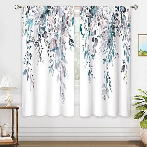 oolygoo Light Blue Grey Eucalyptus Botanical Leaves Floral Window Curtains Watercolor Flower Plant Wildflower Farmhouse Curtain Drapes Herb Curtains for Bedroom Living Room Treatment 42Wx63H Inch