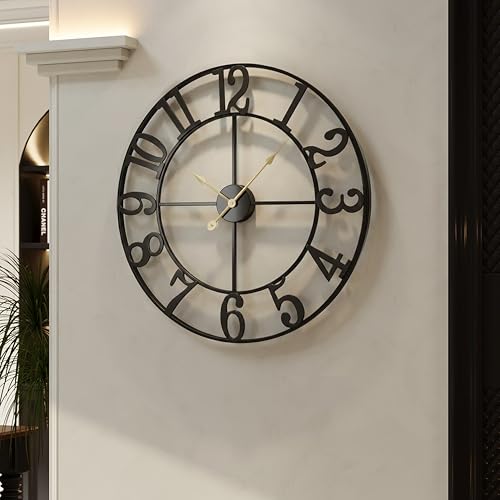 Cuspin Large Wall Clock, 24 Inch Black Clocks for Living Room, Modern Metal Round Battery-Operated Decorative Wall Clock, Arabic Numerals Silent Non Ticking for Kitchen Mantel Bedroom Office Decor