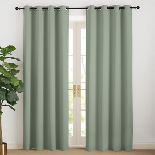 NICETOWN Door Curtain Cold Protection Blackout Curtain for Children's Room Set of 2 Sage Green H 200 x W 140 cm Long Curtains Living Room Modern Eyelet Curtain
