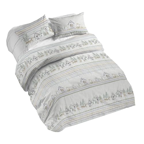 PENSIERI DELICATI 100% Cotton Double Duvet Cover Set, Complete with 250 x 200 cm Bag and 2 Pillowcases 52 x 82 cm, Made in Italy, Duvet Cover Machine Washable At 40 Degrees, Green Owls Design