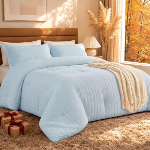 "Quataly Queen Comforter Set 3PCS Seersucker Lightweight Bed Set for All Season,1 Elegant Sky Blue Comforter (90""x90"") and 2 Soft Pillowcases (20""x30"")"