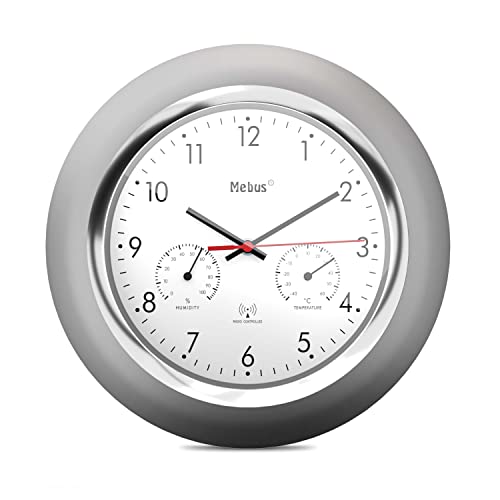 Mebus Radio-Controlled Wall Clock with Thermometer and Hygrometer/Silver Frame/White Dial/24 cm Diameter/Round/Model: 19454/Colour: Silver, White