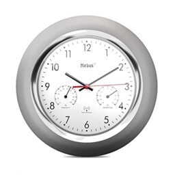 Mebus Radio-Controlled Wall Clock with Thermometer and Hygrometer/Silver Frame/White Dial/24 cm Diameter/Round/Model: 19454/Colour: Silver, White