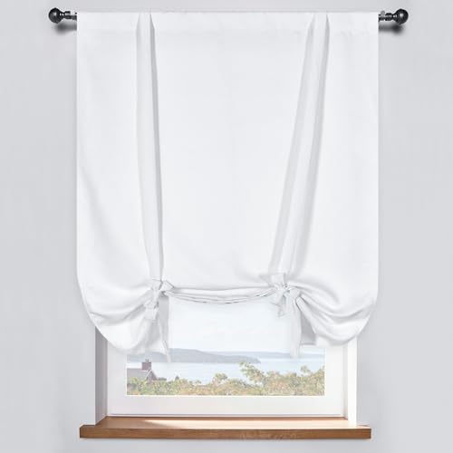 DONREN Adjustable Thermal Insulated Solid Blackout Curtain Energy Efficient Tie Up Shades Rod Pocket Panel for Kitchen (Pure White, 34W x 54L, One Panel)