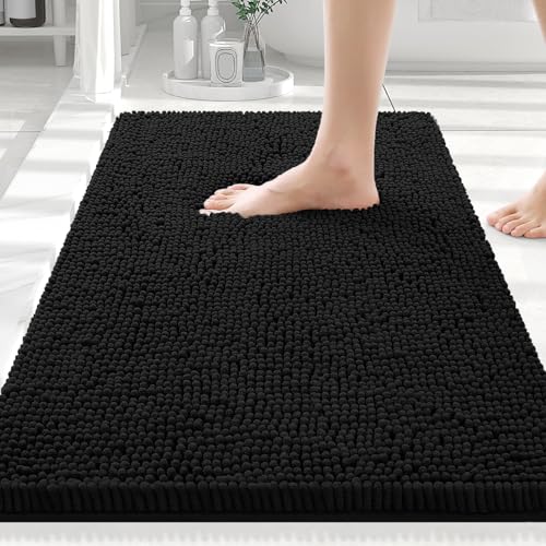 smiry Luxury Chenille Bath Rug, Extra Soft and Absorbent Shaggy Bathroom Mat Rugs, Machine Washable, Non-Slip Plush Carpet Runner for Tub, Shower, and Bath Room(32''x20'', Black)