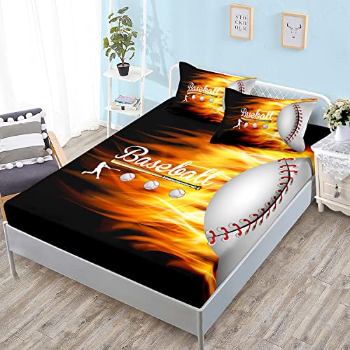 HOSIMA Teens Sports Baseball Bedding Full,1 Fitted Sheet+2 Pillowcases. - Soft Microfiber Baseball Black Bedroom Fitted Sheet Twin Size for Kids Teen Girls Boys Room Decor