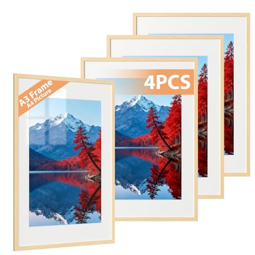 Alyvisun 4 Pack A3 Picture Frame, A3 Photo Frame Display Pictures 20.5x28.7 cm with Mat or 28.7x41 cm Without Mat, Picture Frames Horizontal & Vertical Wall Hanging for Photos, Posters, Art, Wood Tone