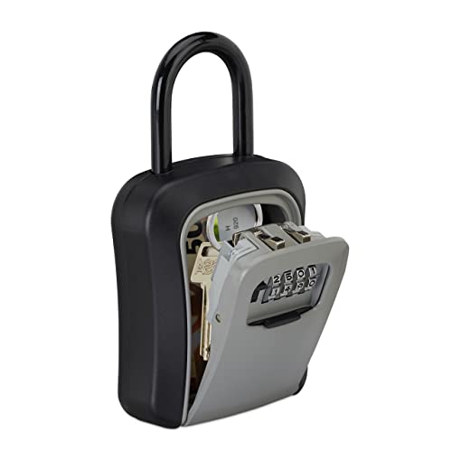 Relaxdays Key Safe, 4-Digit Combination Keybox, Lockbox With Shackle, Outdoor Lock Box, 17.5 x 9.5 x 4 cm, Black/Grey