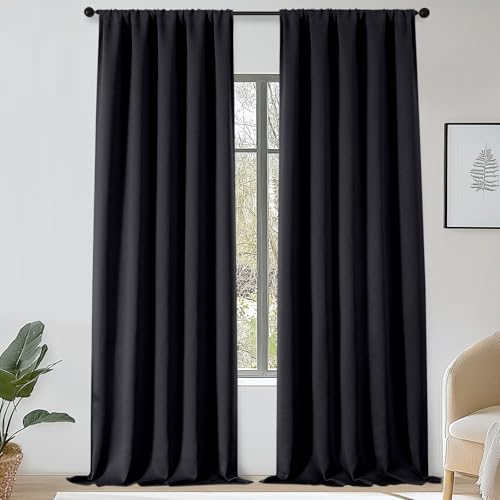 OWENIE Sally Extra Black Blackout Curtains 120 Inches Long 2 Panels Set for Bedroom Living Room, Solid Thermal Insulated Privacy Room Darkening Window Treatment Drapes, 2 Pcs Each W50 x L120 Inch